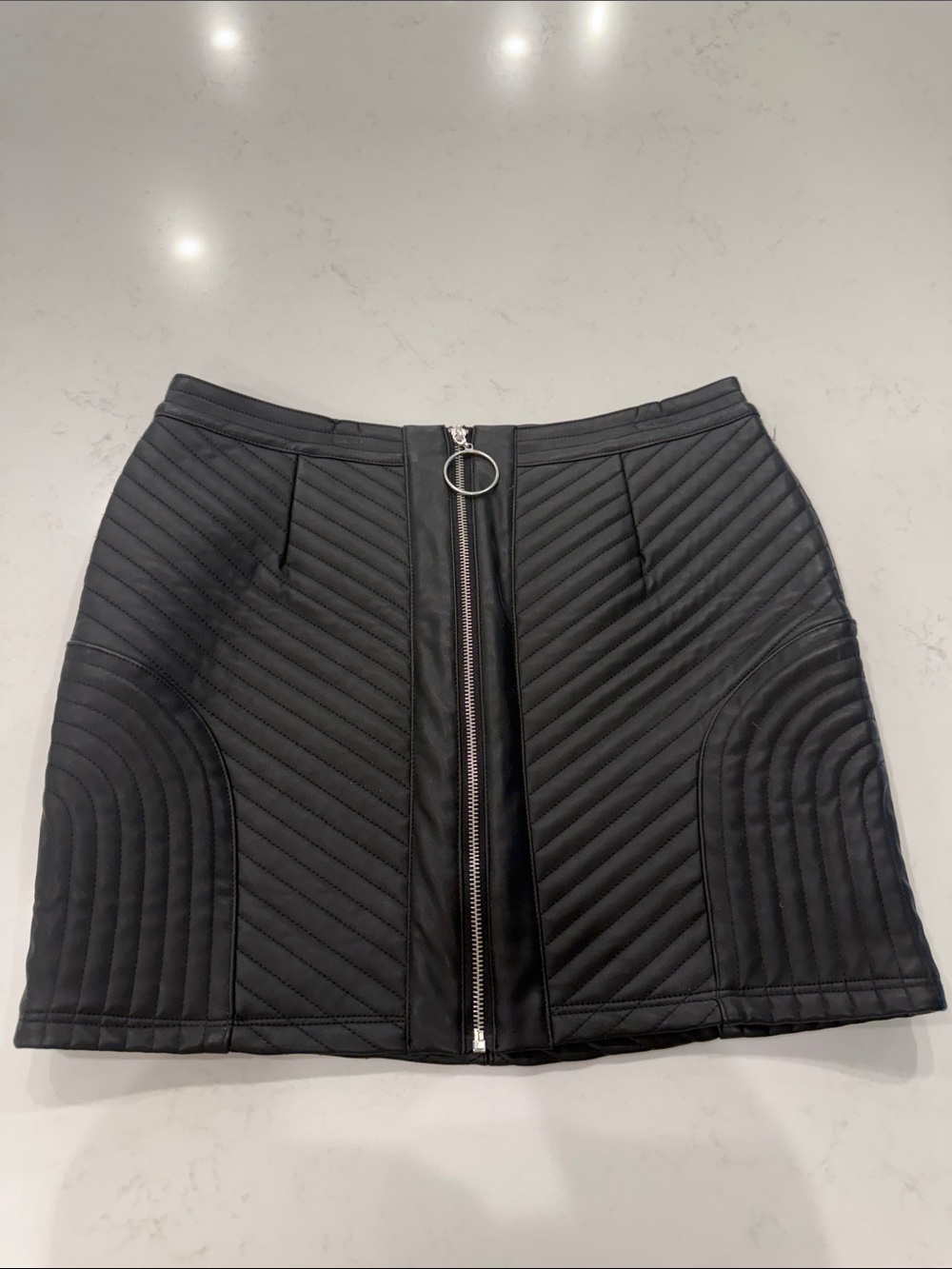 Black Quilted Front-Zip Mini Skirt